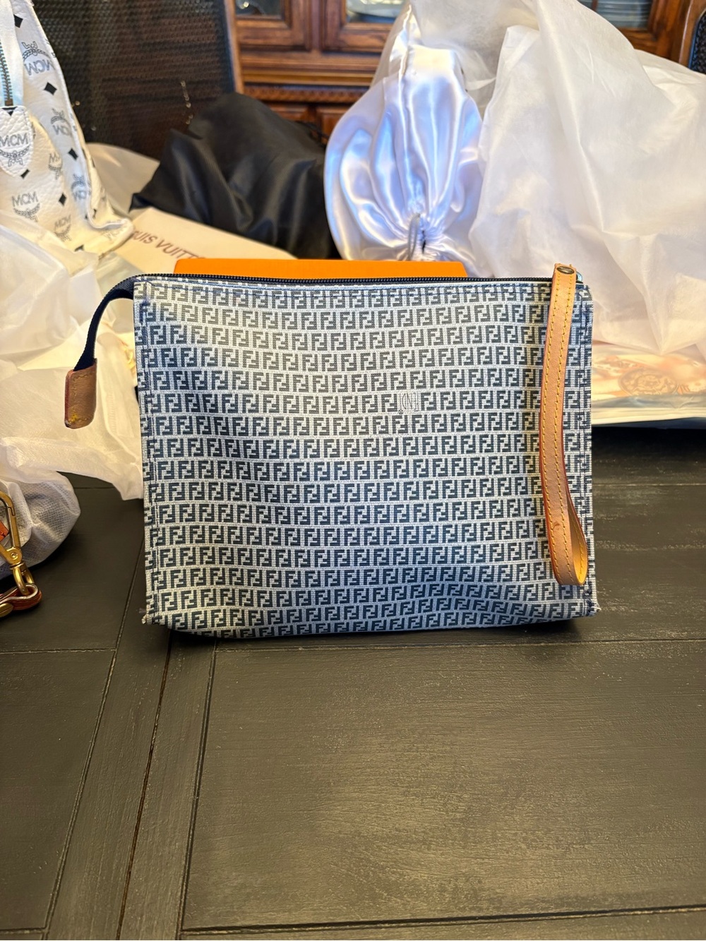 Fendi Blue and Tan FF Logo Canvas Toiletry Pouch - Picture 2 of 4